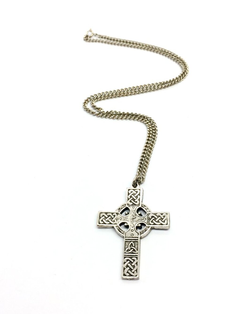 VINTAGE CELTIC CROSS Necklace Silver Tone Knotwork Trinity Knot Irish Pendant